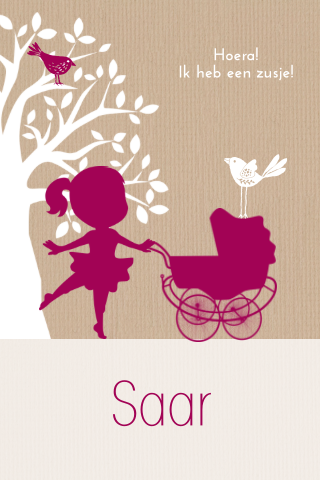 Silhouette geboortekaart voor meisje met kinderwagen, vogeltjes en kraft