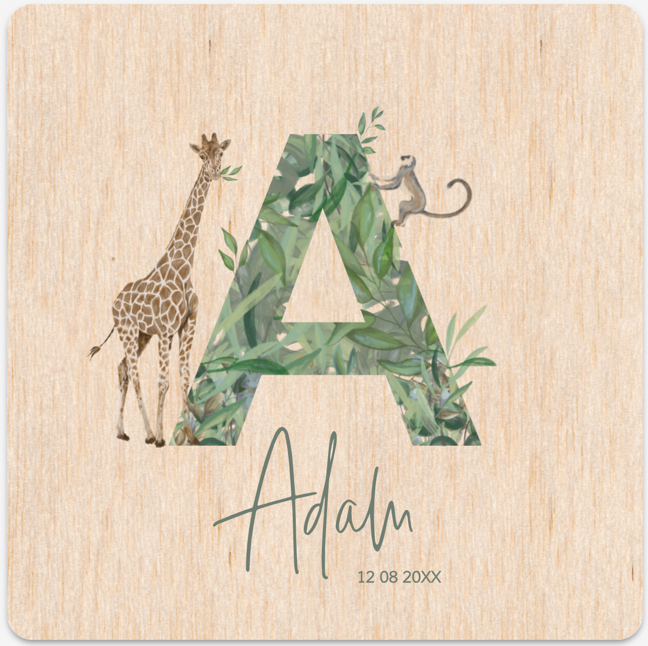 Lief houten geboortekaartje met initialen een aapje en een giraf