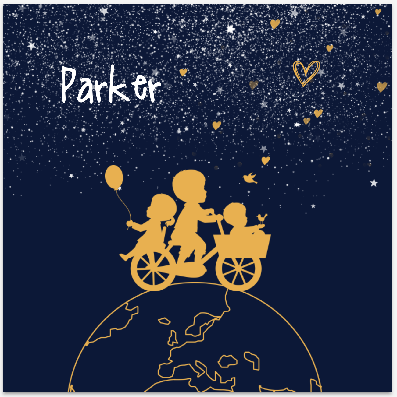 Lief geboortekaartje met wereldbol en silhouet van grote zus met broertje op de fiets