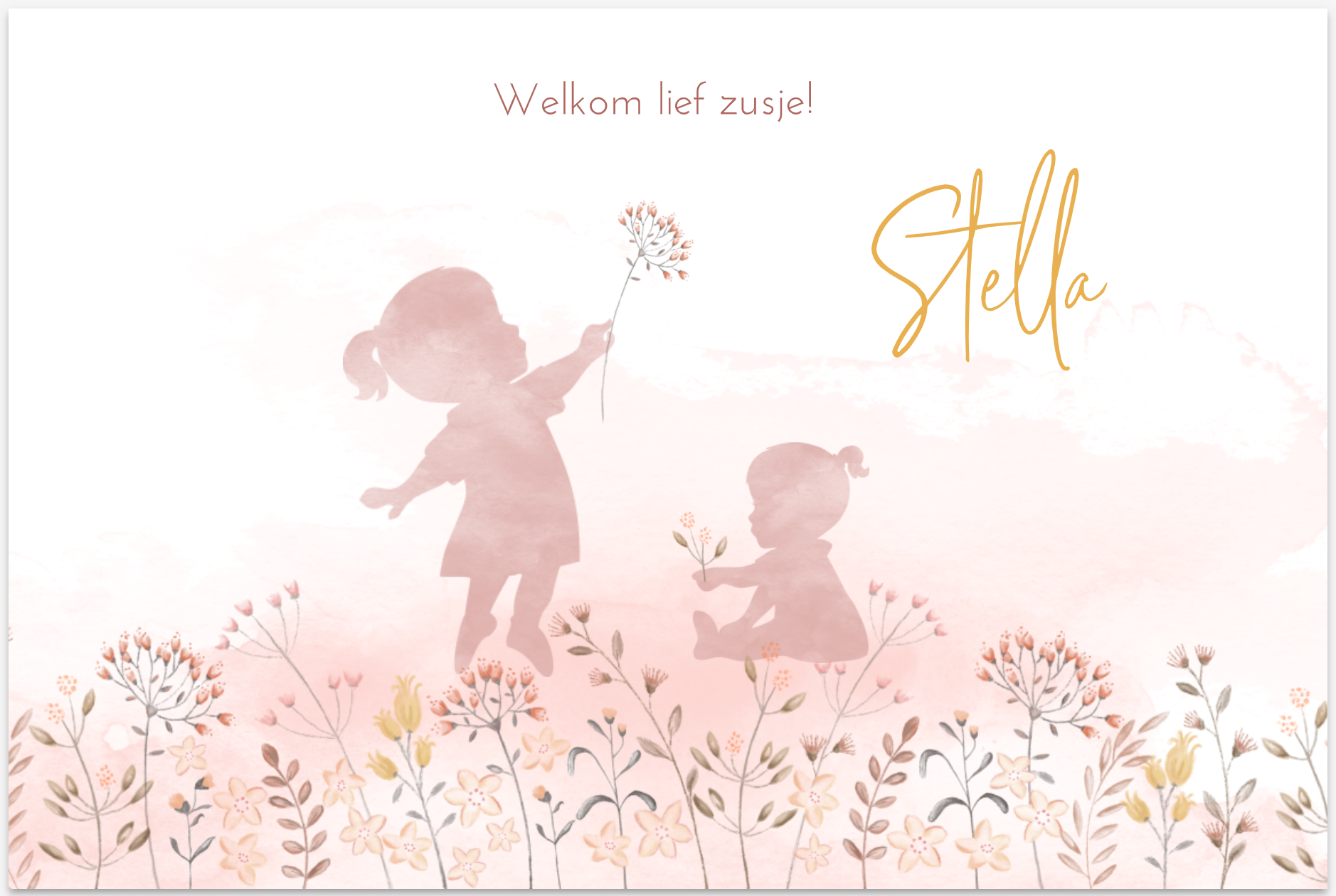 Lief geboortekaartje met waterverf silhouetten zusjes bloemetjes en veldbloemen
