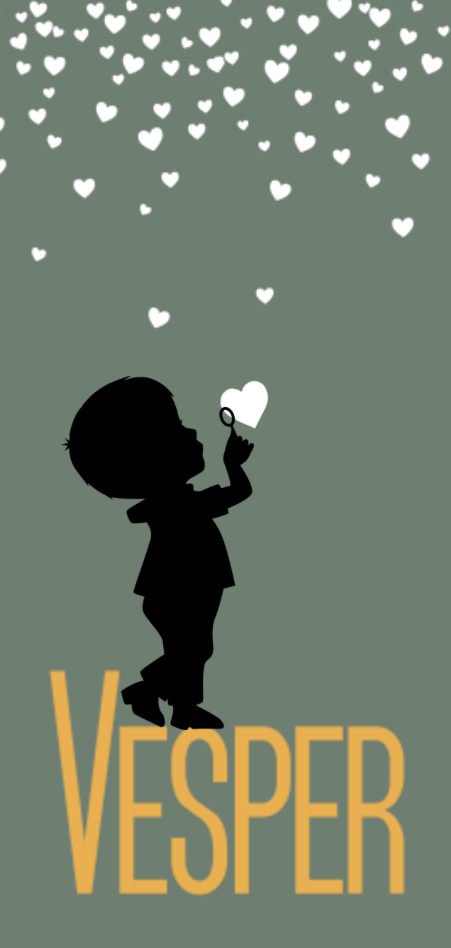 Stoere geboortekaart met silhouet van jongetje en bellenblaas en hartjes confetti