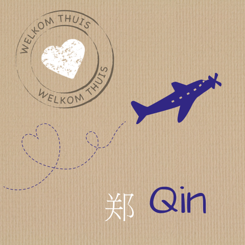 Stijlvol geboortekaartje Qin voor jongen met vliegtuigje en stempels