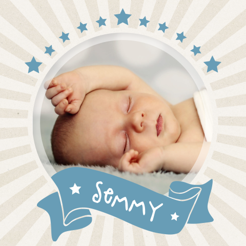 Mooi jongenskaartje Semmy met sterren en etiket op karton