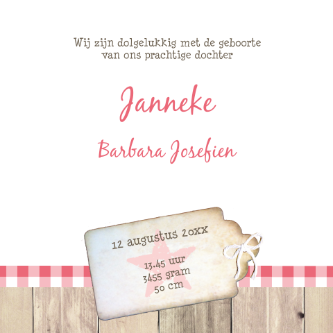 Mooi fotokaartje Janneke met steigerhout en vintage etiket stempels