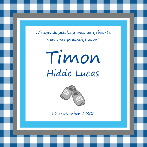Leuke Hollandse geboortekaart Timon ruit met klompen tulp en molen