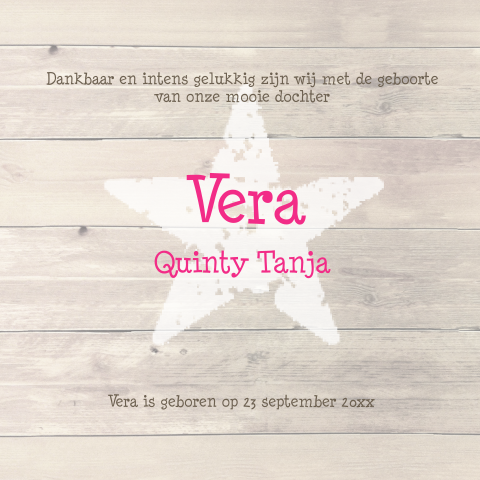 Stijlvol trendy fotokaartje Vera voor meisje met hout en stempels