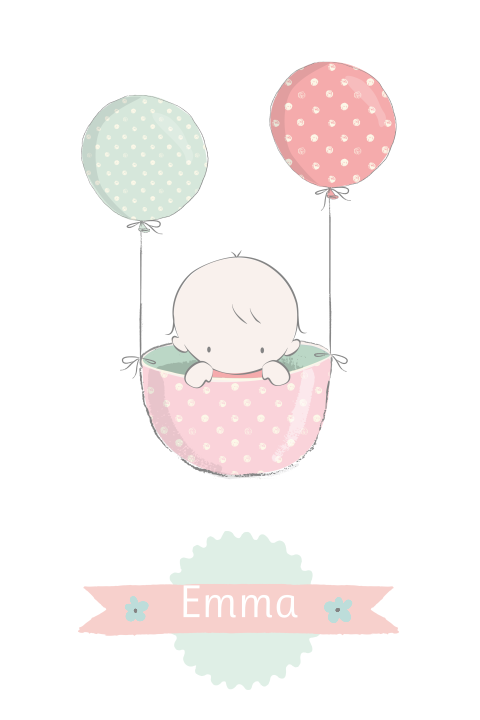 Lief geboortekaartje met baby in mandje met ballonnen