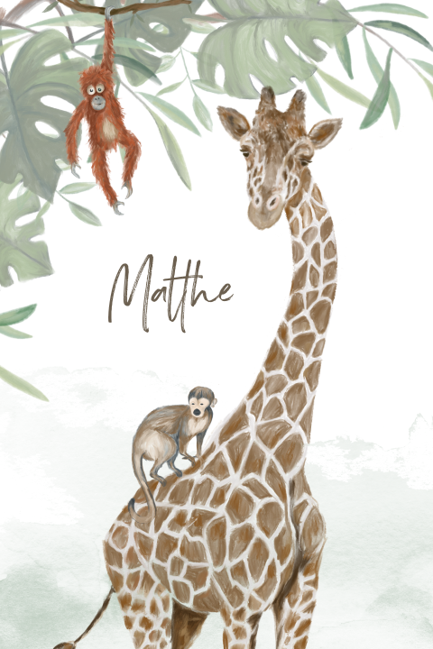 geboortekaartje met illustratie getekende giraf en aapjes