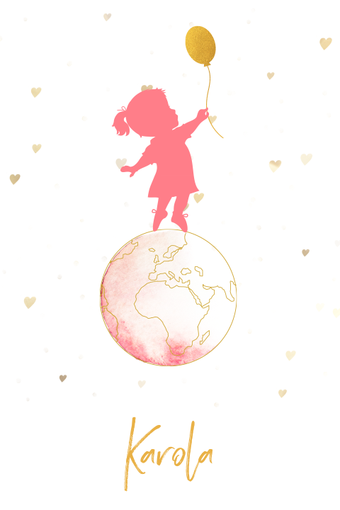 Geboortekaartje met silhouet van meisje op wereldbol