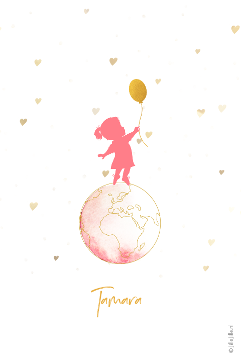 Geboortekaartje met silhouet van meisje op wereldbol