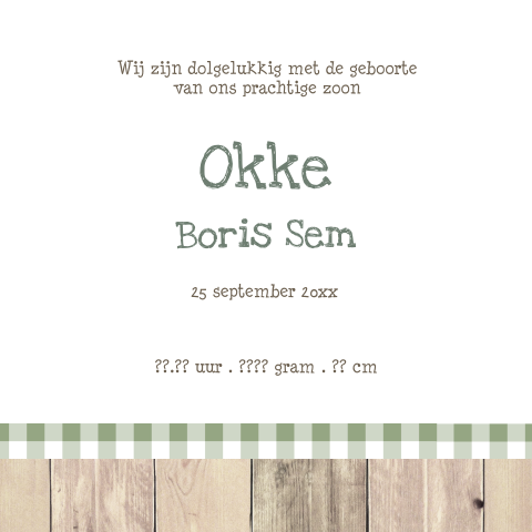 Mooi geboortekaartje Okke met steigerhout stempel en vintage etiket