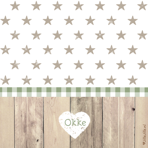 Mooi geboortekaartje Okke met steigerhout stempel en vintage etiket