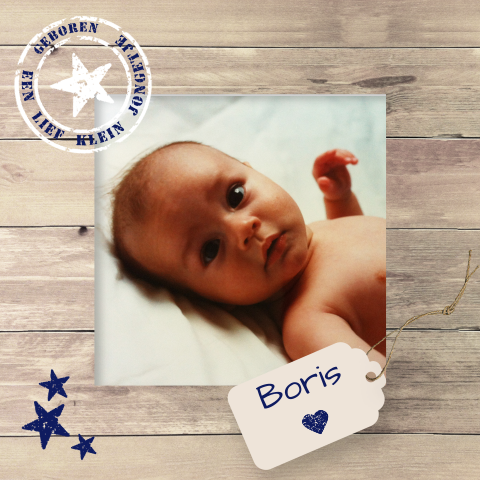 stijlvol fotokaartje Boris voor jongen met hout en retro etiket