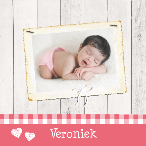 Origineel foto geboortekaartje Veronique met hout ruit en strik