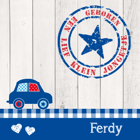 origineel geboortekaartje Ferdy voor jongen met wit hout ruit en auto