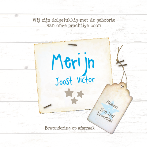geboortekaart Merijn met foto op blauw sloophout en vintage label