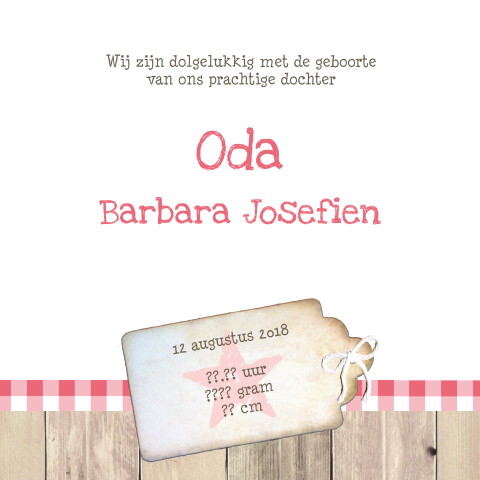 Mooi geboortekaartje Oda met steigerhout en vintage etiket en stempels