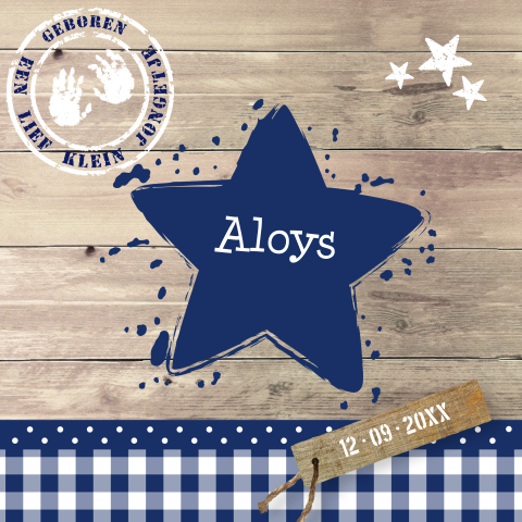 Geboortekaartje Aloys met sloophout en vrolijke ruitjes en ster