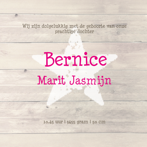Stijlvol hip fotokaartje Bernice voor meisje met hout en retro etiket