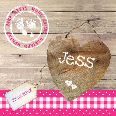 Geboortekaartje meisje Jess met sloophout en vrolijke ruitjes en hart