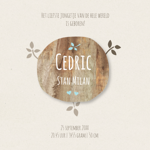 Mooie geboortekaart Cedric met vogeltjes en takjes en hout