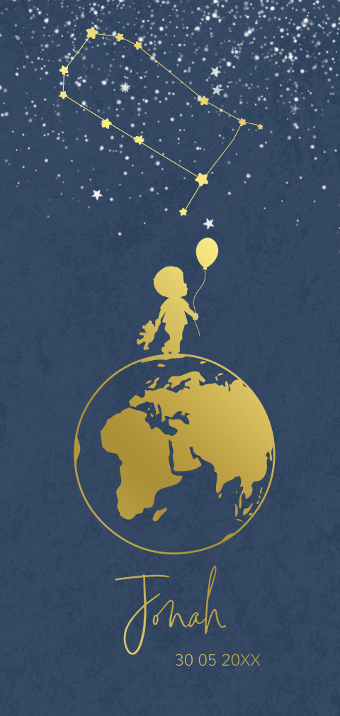 Goudfolie geboortekaart silhouet wereld sterrenbeeld