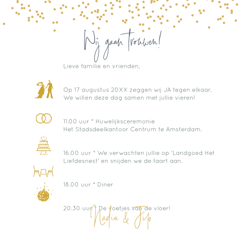 Goudfolie trouwkaart met confetti in goud (EF)