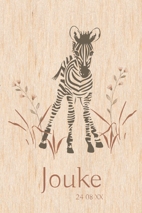 Houten geboortekaartje met illustratie van zebra