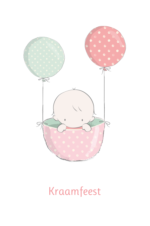 Trendy kraamkaartje met baby in mandje aan ballonnen