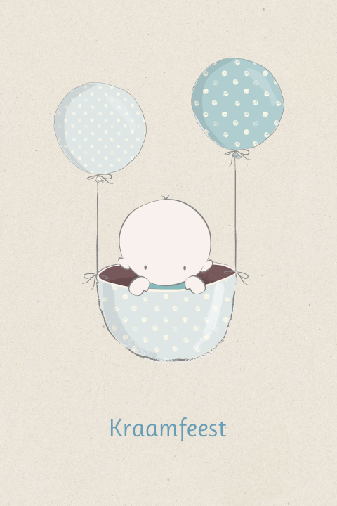 Trendy kraamkaartje met baby in mandje aan ballonnen