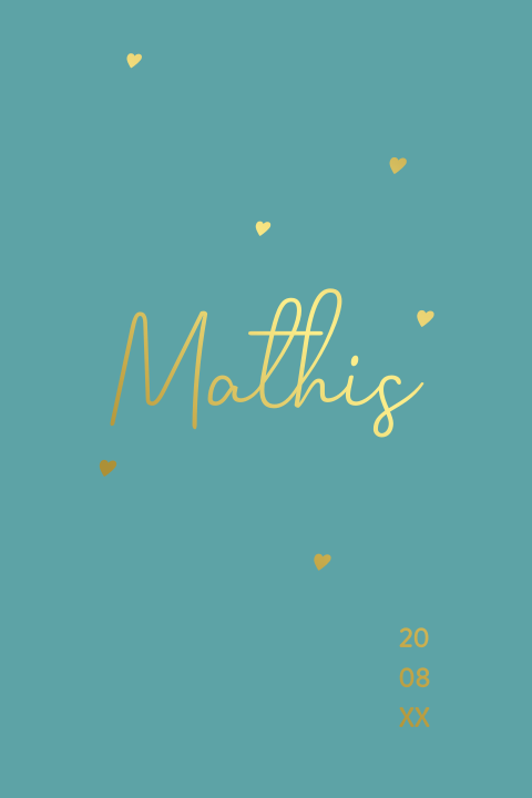 Minimalistische geboortekaart met goudfolie hartjes simpel(EF)