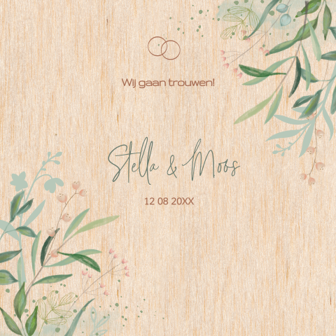 Mooie echt houten botanische trouwkaart met bloemen