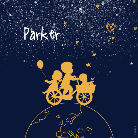 poster met wereldbol, sterren en silhouet derde kindje