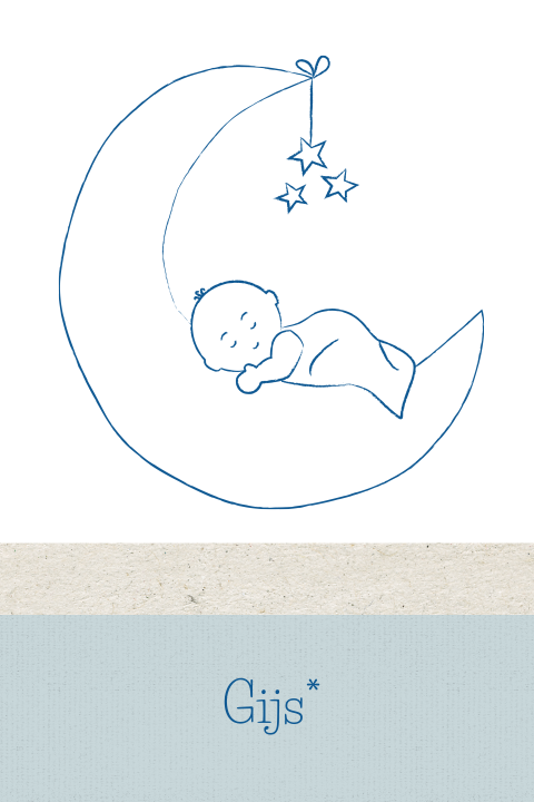 lief staand rouwkaartje met slapend kindje op de maan