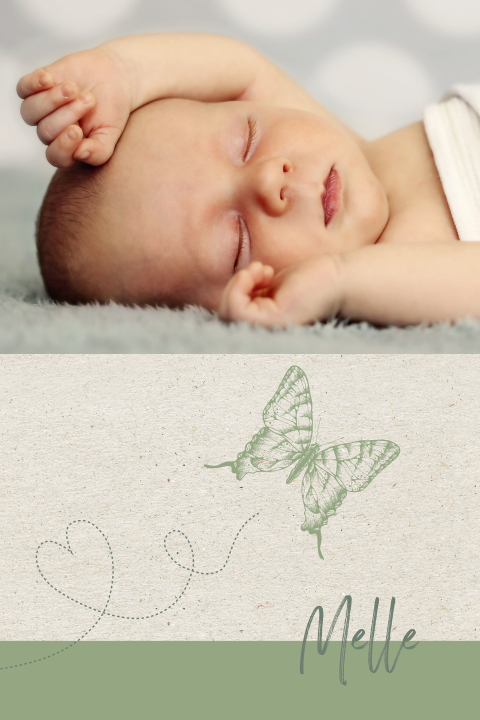 lief staand rouwkaartje voor kind met retro vlinder en foto