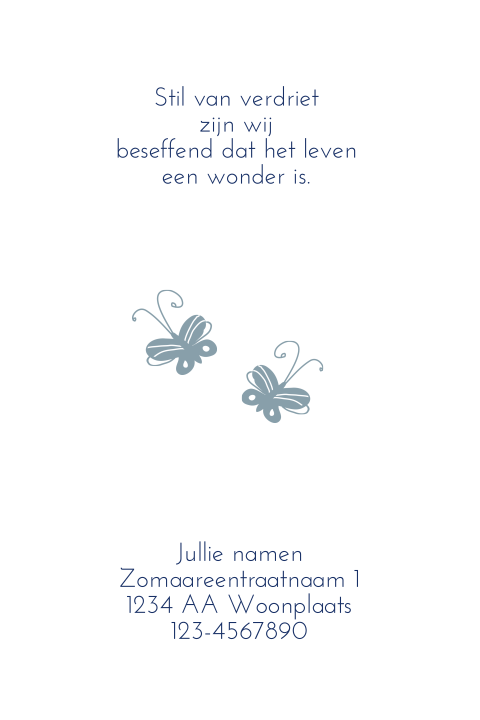 lief staand rouwkaartje voor tweeling met vlinders en sterretjes