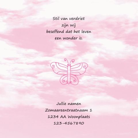 lief rouwkaartje voor kind met roze wolken en lieve vlindertjes