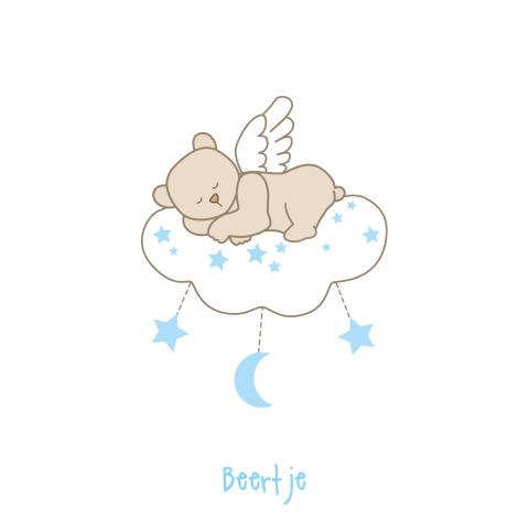 Mooi rouwkaartje voor baby en kind met slapend beertje op wolk