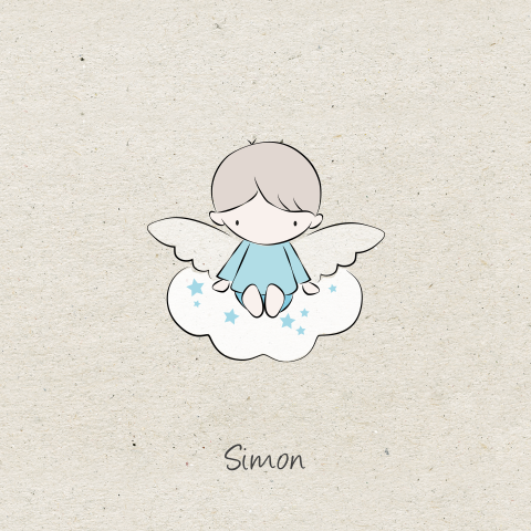 Mooi rouwkaartje voor baby en kind met engel op wolk op karton