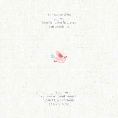 Mooi rouwkaartje op stof met vogeltjes voor meisje