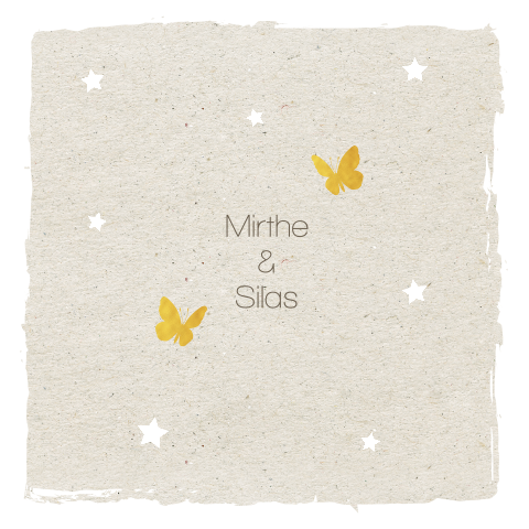 Mooi rouwkaartje voor tweeling met sterren en gouden vlindertjes