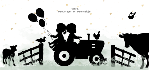 Silhouet tweelingkaartje met tractor en boerderijdieren