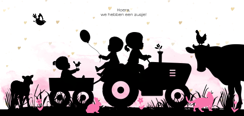 Stoer silhouet geboortekaartje met tractor en boerderijdieren