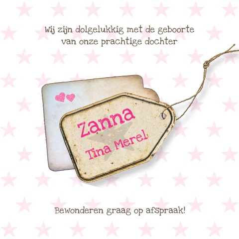 Vintage geboortekaartje Zanna met gestempelde sterren hartjes en label