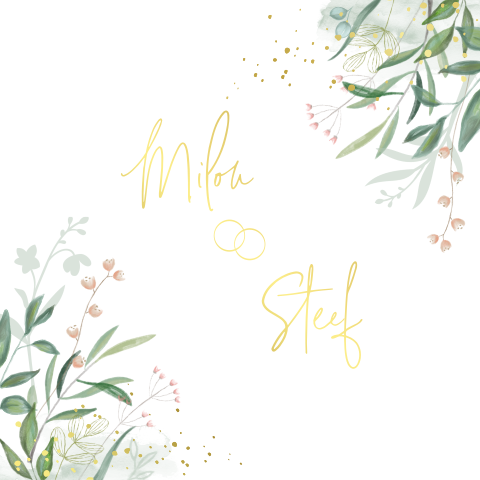 Trouwkaart floral met goudfolie takjes en bloemen (EF)