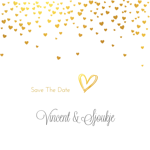 Mooie Save-The-Date-kaart met confetti van goudkleurige hartjes