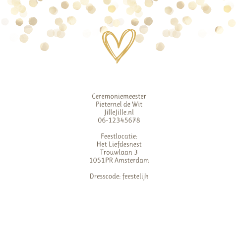 Mooie trouwkaart met confetti van goudkleurige vlokjes