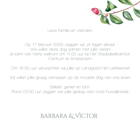 Mooie trouwkaart met aquarel bloemen en groene takken