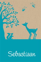 staand retro geboortekaartje met boom hertje en eekhoorn