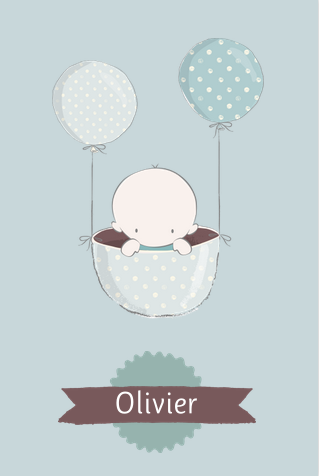 Lief geboortekaartje met baby in mandje en twee stippen ballonnen
